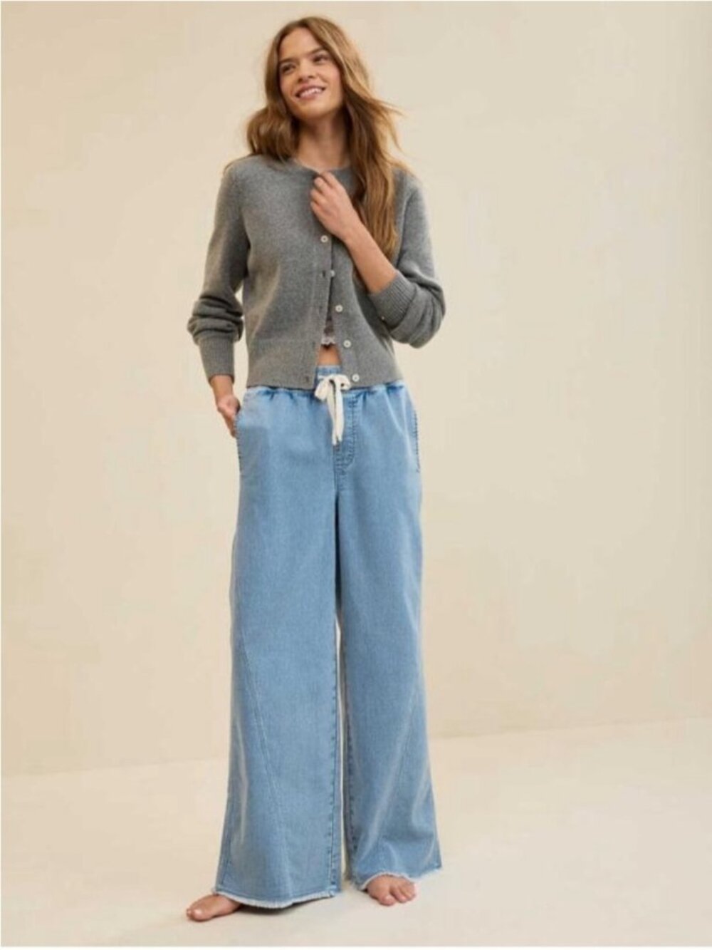 Aerie Soft Landing Trouser Woman XXL Blue Pull On Sweatpant Jean Pockets Raw Hem